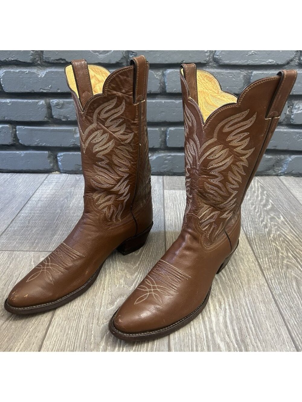 Justin Vintage Brown Scalloped Top Western Cowboy Boots Mens 11 D